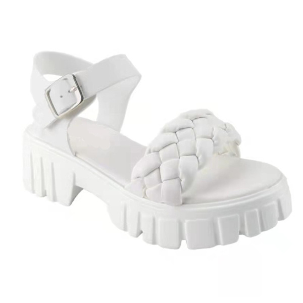 Sandaler med åben tå til kvinder, sko med remme og platform, ankelrem med spænde White 41