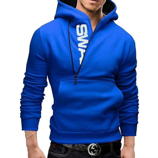 Herr långärmad huvtröjor jogging löpning halv dragkedja pullover sweatshirt sportkläder Blue 2XL