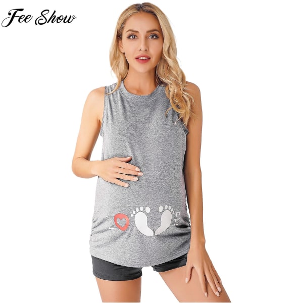 Maternity Sleeveless Stretch Print Soft Tops Pyjamas Hemkläder Gravida Kvinnor Casual Plus Size Lång T-shirt Tank Tops Loungewear Grey XXXL