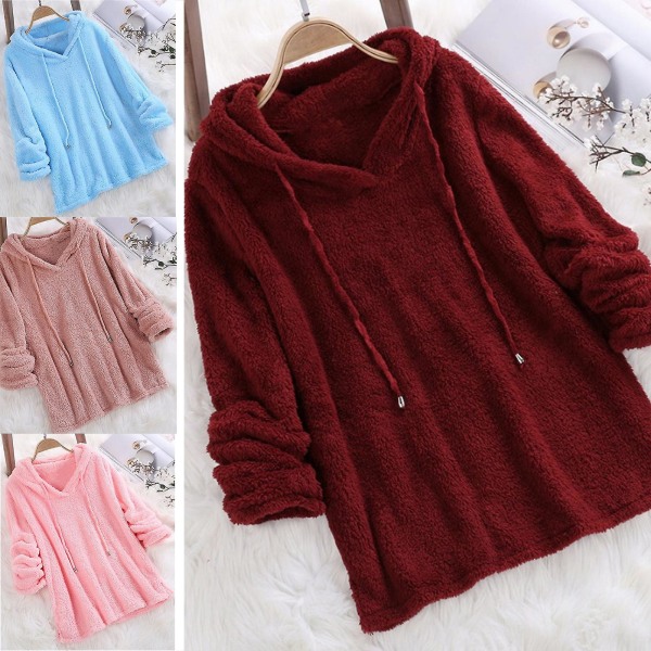 Plus Size Efterår Vinter Dame Langærmet Hætteklædte Plysset Fluffy Hættetrøjer Fleece Pullover Pyjamas Løs Wine Red XL