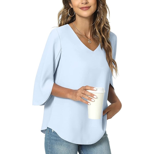 Sommar kvinnor casual skjorta, V-hals lös tunika topp för leggings, split 3/4 ärmar chiffong blus Light Blue X-Large