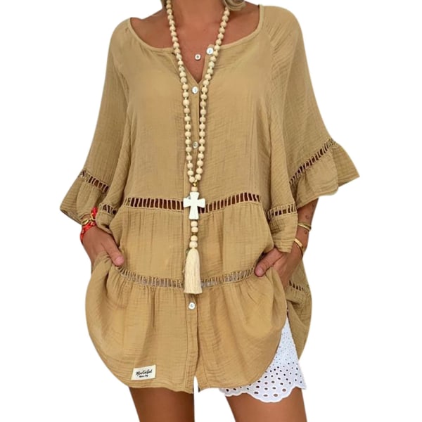 Dame Bomuld Linned Hulmønster Flæse Pullover Tunika Toppe Bluse Skjorte Plus Størrelse Khaki XXL