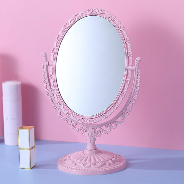 Dubbelsidig sminkspegel med retrostativ, hjärtformad, för sminkverktyg för kvinnor Oval Pink