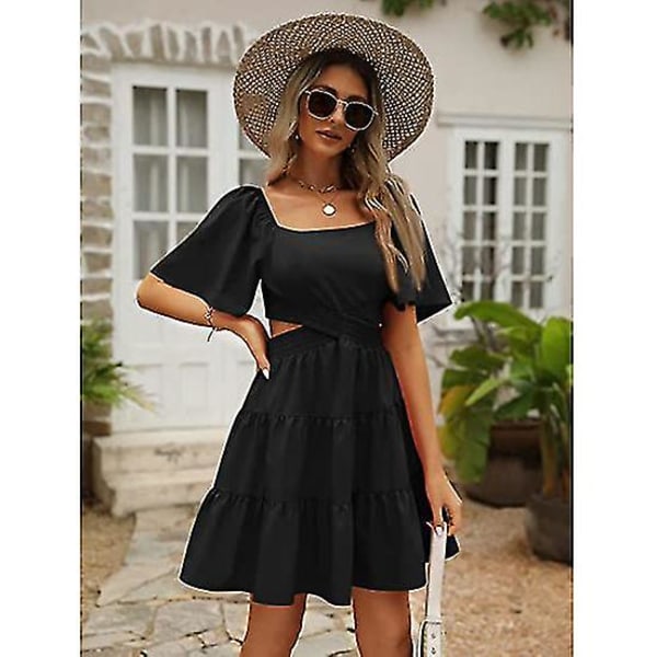 Dame 2023 Sommer Cutout Mini Kjoler Kortermet Firkantet Hals Kryssende Midjekjole Black S