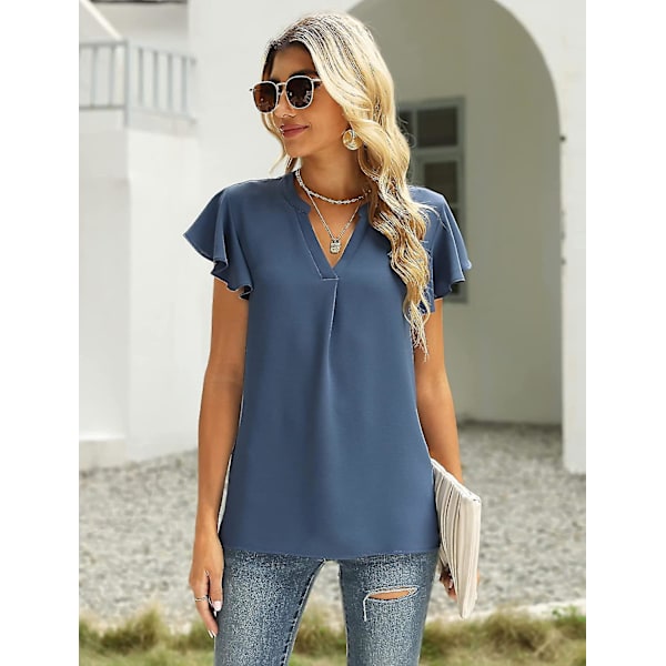 Dam Sommar Casual Delad V-ringning Chiffongblusar Lös Tunika Kortärmade Toppar 05blue XLarge