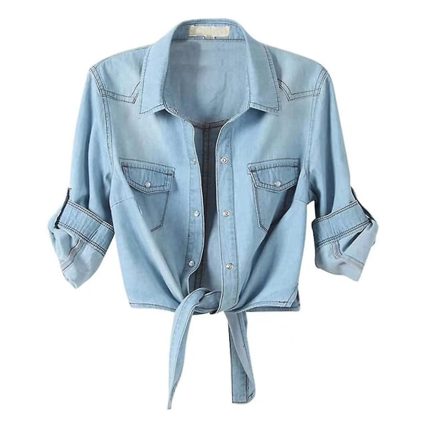 Dame Mode Casual 3/4 Ærme Knap Crop Jean Top Knude Slips Denim Skjorte Jakke Sky Blue 3XL