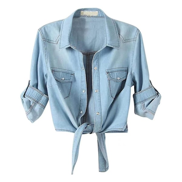 Kvinnors Fashion Casual 3/4 Ärm Knapp Ned Skörd Jean Top Knot Tie Denim Skjorta Jacka Sky Blue XL