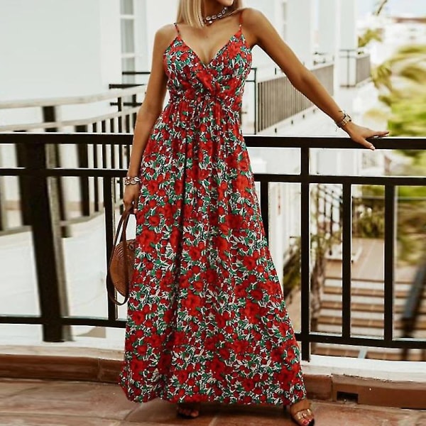 Naisten hihaton boho-kukkakuvioinen slip dress, V-aukkoinen maksimekko naisille loma- ja rantakäyttöön Red XL