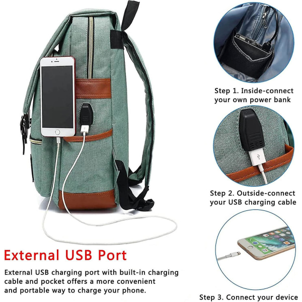 Verktygsväska Grön vintage laptop-ryggsäck med USB laddningsport, snygg vattentät reseryggsäck