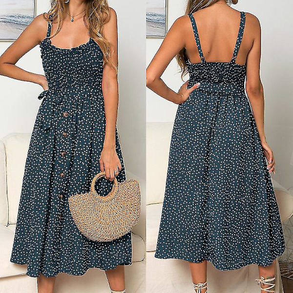 Dame Sommer Prikket Midi Kjole Ferie Bælte Strand Swing Løs Sommerkjole Dark Green L