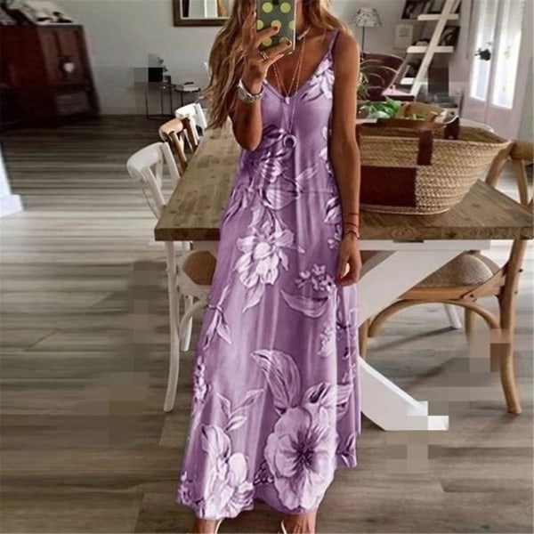 Dame Casual Sommer Boho Maxi Kjole Spaghetti Strop Ærmeløs Blomsterprint V-Hals Strand Lang Sommerkjole Plus Størrelse Purple 5XL