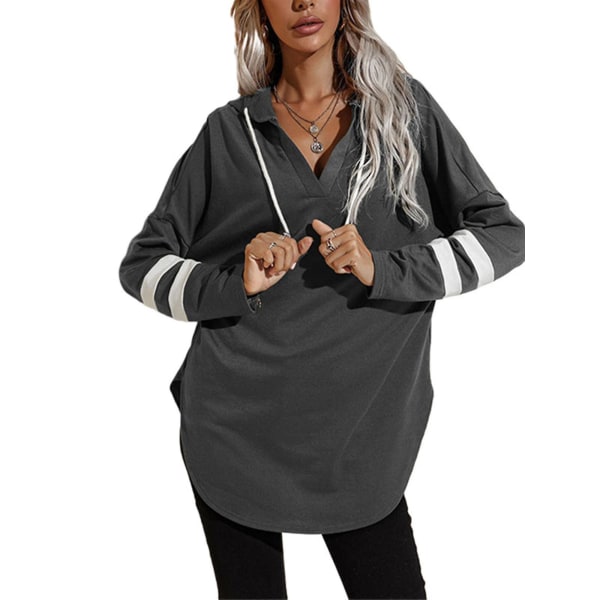 Kvinnor Hoodie Lös Dragsko Randig Tryckt Sweatshirt Skjorta Grey XL