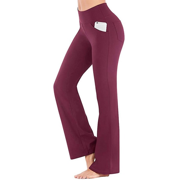 Kvinnor Enkla Elastiska Hög Midja Yoga Byxor Andas Bekväma Fullängd Vida Ben Byxor Sommar Casual Flare Byxor Wine Red L