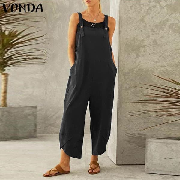 Ermeløse overalls for kvinner, rompers med vide ben black L