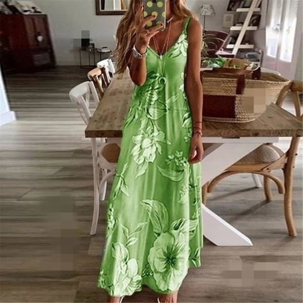 Kvinnor Boho Blommig Tryckt Slip Klänning Sommar Casual V-hals Ärmlös Maxi Klänningar Semester Strand Sundress Green 4XL