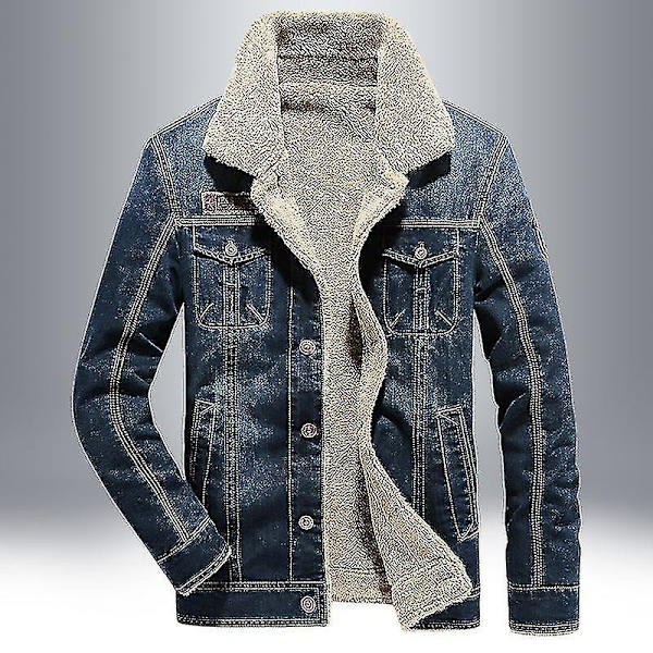 Herr Vinter Jeansjacka Slim Fit Fleece Fritidsjacka Slag Tjock Varm Ytterkläder Dark Blue XL