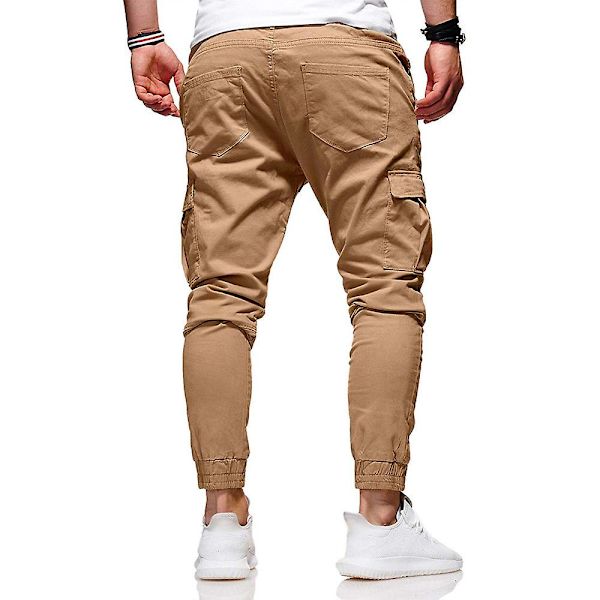 Miesten yksiväriset kiristysnyörilliset cargo-taisteluhousut, pitkät collegehousut, urheiluun, kuntosalille, vapaa-aikaan Khaki 2XL