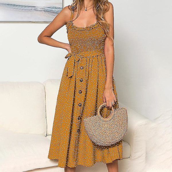 Dame Sommer Prikket Midi Kjole Ferie Bælte Strand Swing Løs Sommerkjole Yellow XL