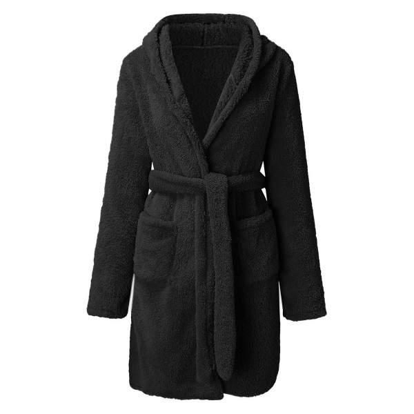 Vinter og høst fuzzy badekåpe dame korallfleece hjemmeklær hette åpen front med belte Black M