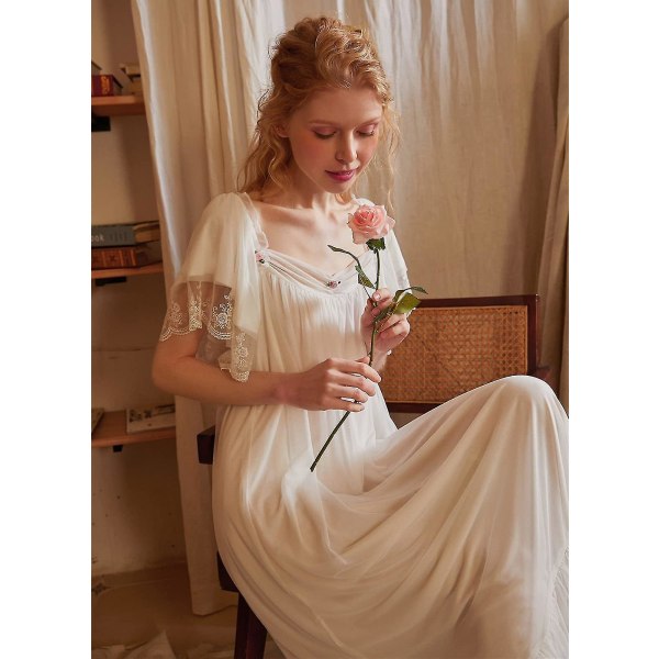 Damspets vintage viktoriansk nattlinne långärmad nattkläder natt White 4 Small