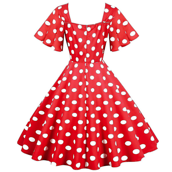 Kvinnors Retro Resestil Vågsöm Kortärmad Prickig Midilång Klänning Red XL