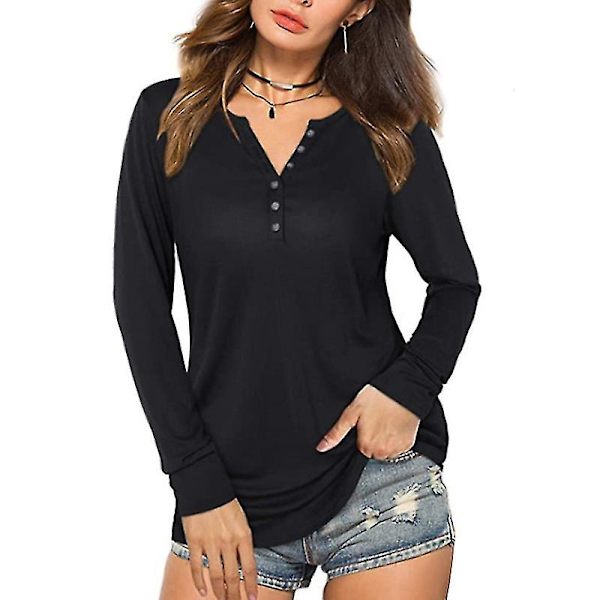 Dam V-ringad Långärmad Enfärgad Sommar T-shirt Knapptopp black M