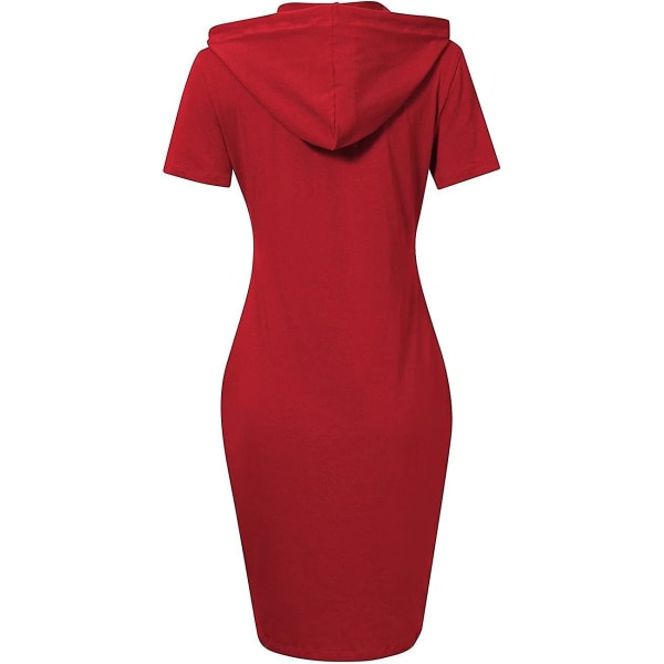 Damer Casual Sport Hooded Pocket Knee Lenth Dress Short Sleeve   Red S