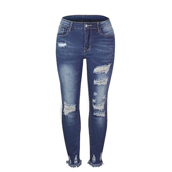 Dame Slitte Boyfriend Jeans i Denim med Hull og Frynser, Slim Fit Bukser Dark Blue M