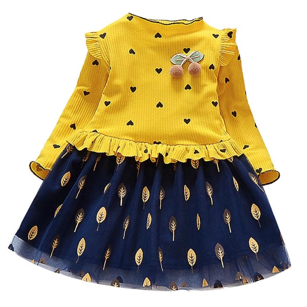 Småbarn Barn Flickor Ribbad Långärmad Volangklänning Skater Swing Tyllklänningar Yellow 7-8 Years