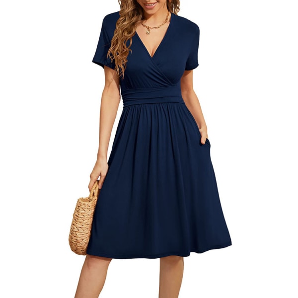 Sommerkjole for kvinner, kort ermet, V-hals, knelengde blue L