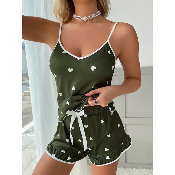 Dame Trykte Pyjamas Sett Sommer Nattøy Cami Vest Shorts Pysjamas Loungewear Army Green XL