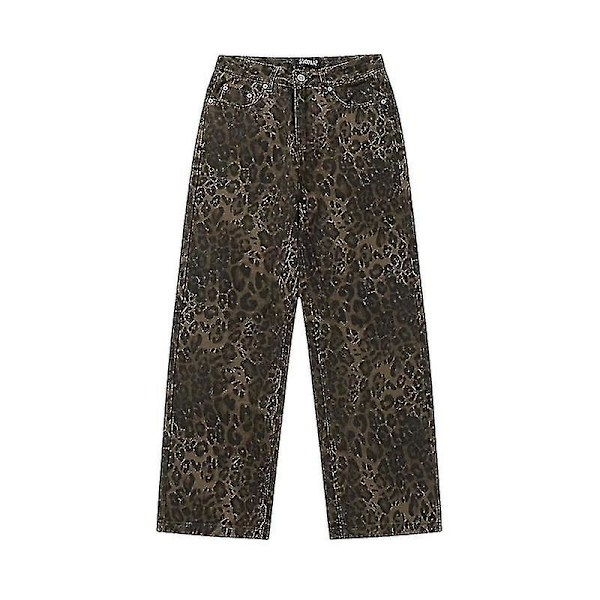 Tan Leopard Jeans Dame Denim Bukser Kvinde Oversize Bred Ben Bukser M