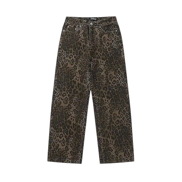 Tan Leopard Jeans Dame Denim Bukser Kvinnelig Oversize Vide Ben XL