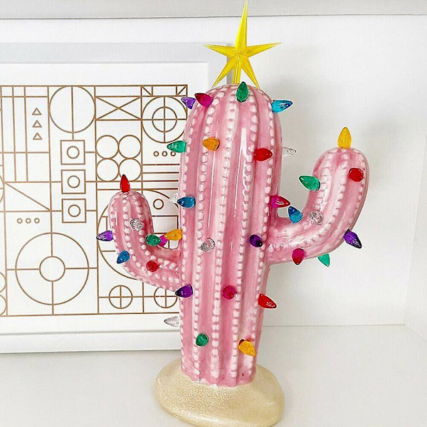 Belyst Keramisk Kaktus Staty Skulptur Skrivbordsdekor Ornament Pink