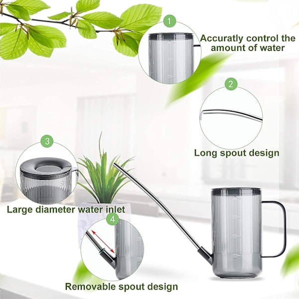 Blomstervandkande, lille vandkande, vandkande med lang tud i rustfrit stål, indendørs plantevandkande, transparent plastikvandkande, grå