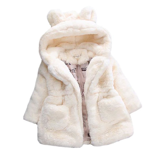 Børn Piger Vinter Fluffy Faux Pels Hættefrakke Fleece Tyk Varm Jakke Overtøj White 3-4 Years