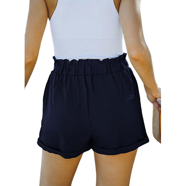 Dame Ensfargede Høye Liv Baggy Shorts Sommer Casual Shorts Navy Blue M