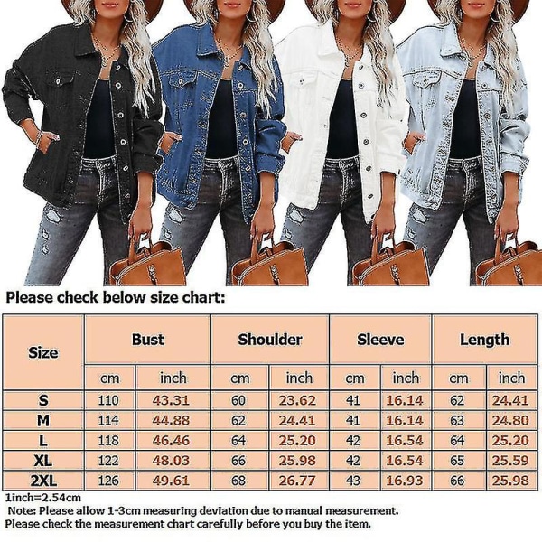 Naisten yksivärinen denim-takki, väljä, käänteellinen neuletakki, yksirivinen katutyylinen farkkutakki Black M