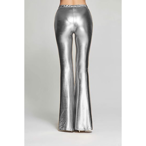 Dam Glittriga Metalliska Paljettbyxor med Hög Midja, Stretchiga Utsvängda Byxor Silver Silver XL