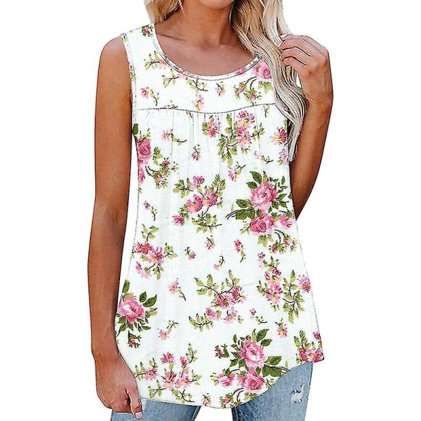 Dame Mode Strand Blomsterprint Pullover Kvinder Boheme Plisserede T-shirts White Powder XL