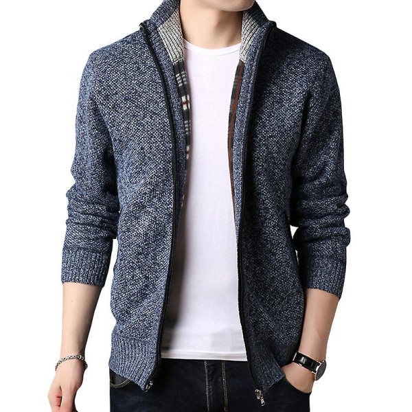Herre Ull Strikket Trakt Hals Cardigan Jakke Glidelås Genser Topper Blue L