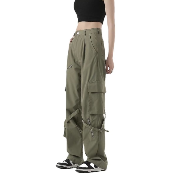 High Street Hip-hop Lynlåsdekoreret Multi-lomme Kran Bukser Dame Høj Talje Hip-hop Spice Girls Løse Lige Casual Bukser Dame GREEN XL