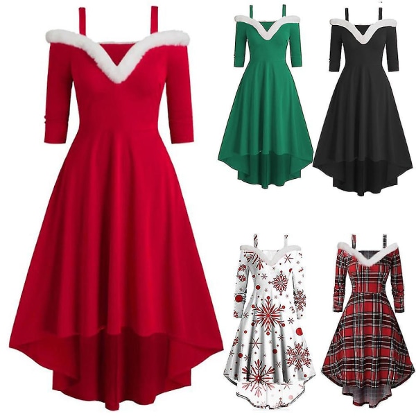 Julekjole for kvinner, langermet, plysj, høy og lav, dyp V-utringning, off-shoulder, stor sving Green L