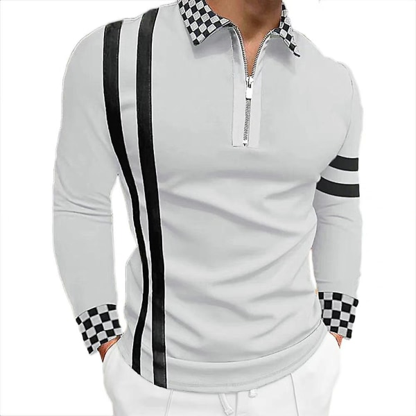 Herre Stribet Ternet Print Lynlås V-hals Polo Shirt Casual Slim Fit Langærmet Stilfuld T-shirt Toppe Light Grey L