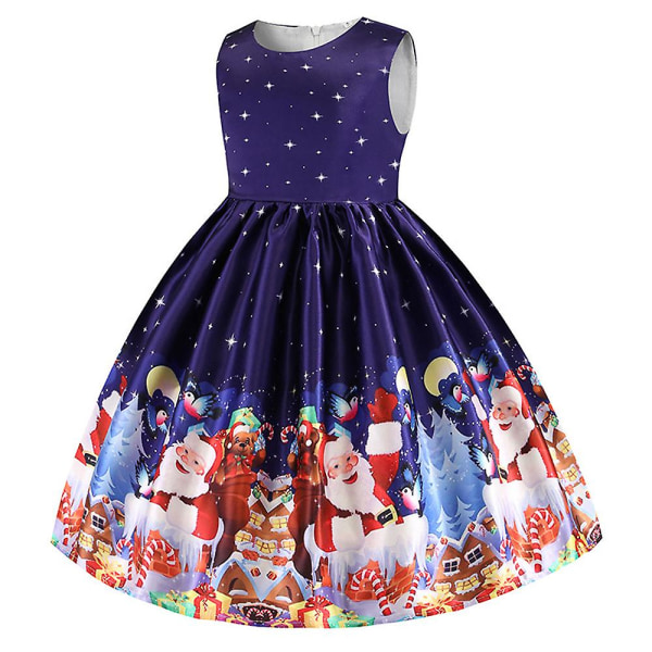 Jenter Juleprint Ermeløs Prinsesse Ballkjole Ballkjole Julebord Swing Kjole Royal Blue 8-9 Years
