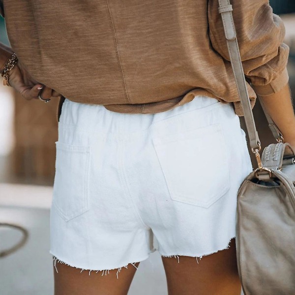 Kvinnor Dragsko Elastisk Midja Denim Shorts Nödställda Fransade Sommar Korta Heta Byxor White S