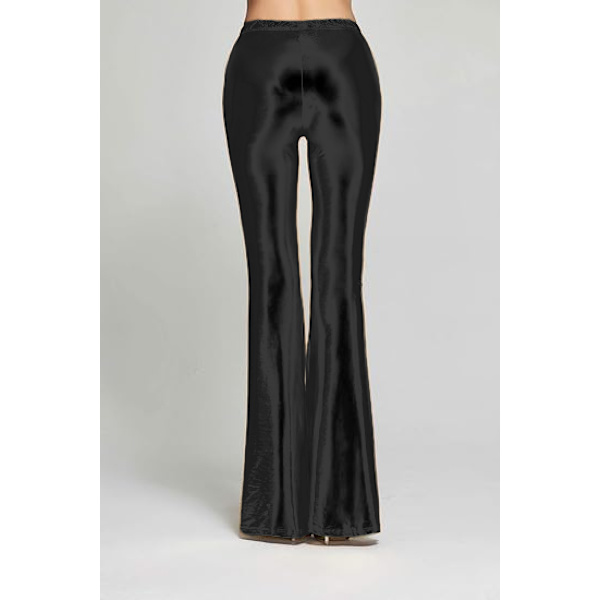 Dame skinnende metalliske pailletter med høj talje, stretchy bell bottom udvidede bukser, sort Black M