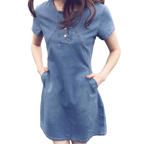 Dame Denim Skjortekjoler Rund Hals Med Knap Afslappet Tunika Top Til Daglig Shopping Dark Blue S