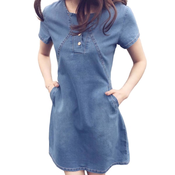 Denimskjortekjoler for kvinner Rund hals med knapp Casual tunika Topp for daglig shopping Dark Blue 3XL