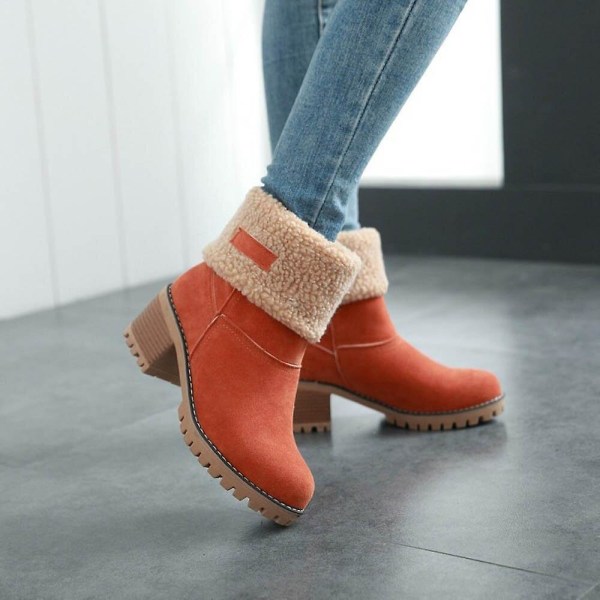 Dame Vinterstøvler Korte Sne Flock Varme Støvletter Sko Slip On Korte Ankel Chunky Hæl Støvler Orange 37
